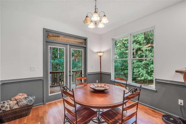 dining space with an inviting chandelier, wainscoting, a textured ceiling, and wood finished floors
