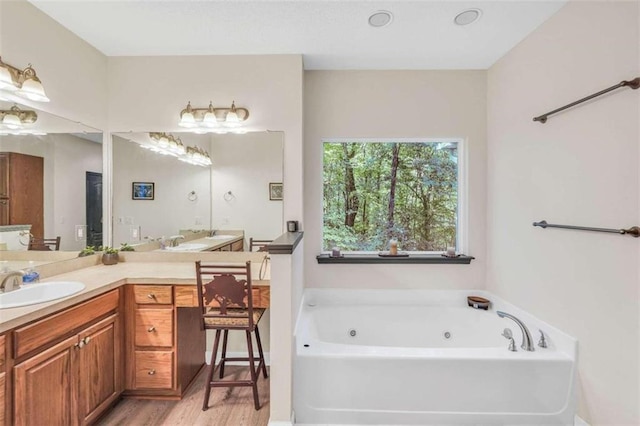 bathroom with vanity, wood finished floors, and a whirlpool tub