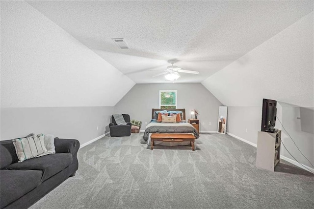 bedroom featuring baseboards, carpet, lofted ceiling, and visible vents