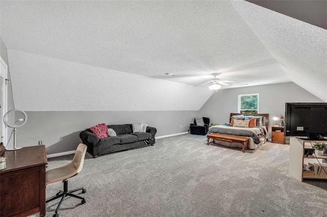 bedroom featuring baseboards, carpet floors, a textured ceiling, and vaulted ceiling
