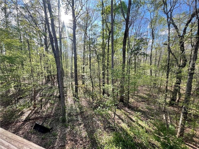 view of landscape featuring a forest view