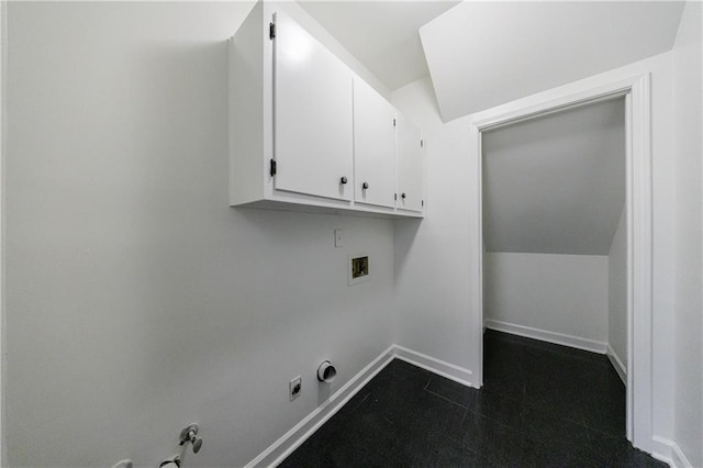 5004 Haralson Way SW, Lilburn, GA 30047 - laundry room featuring gas dryer hookup, cabinet space, hookup for a washing machine, and dark tile patterned flooring