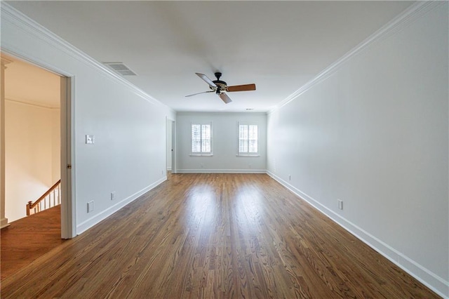 5004 Haralson Way SW, Lilburn, GA 30047 - empty room with ceiling fan, ornamental molding, and dark wood finished floors