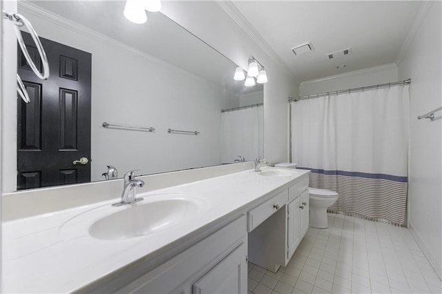 5004 Haralson Way SW, Lilburn, GA 30047 - full bath featuring double vanity, ornamental molding, tile patterned flooring, and a shower with shower curtain