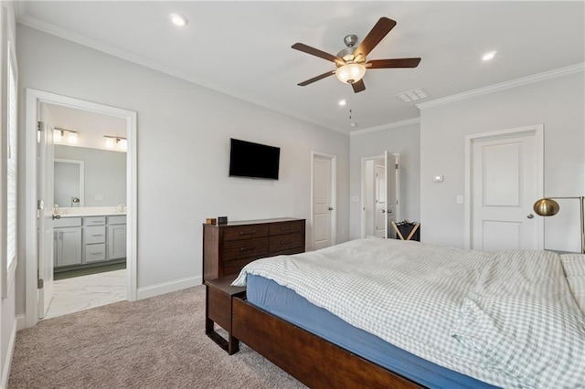 3440 Hardy St, Duluth, GA 30096 - bedroom with crown molding, recessed lighting, connected bathroom, and ceiling fan