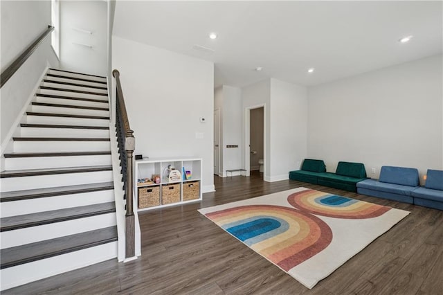 3440 Hardy St, Duluth, GA 30096 - living room with stairway, wood finished floors, and recessed lighting