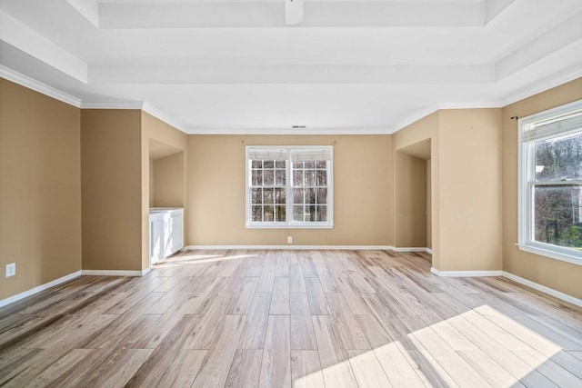 spare room with light wood finished floors, a raised ceiling, and baseboards