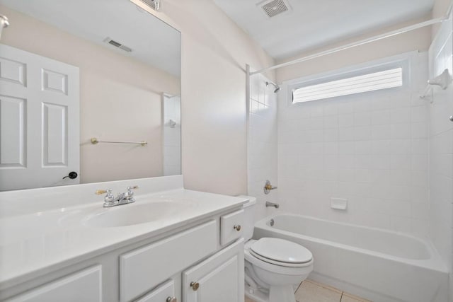 full bath featuring visible vents, toilet, tile patterned flooring, bathtub / shower combination, and vanity