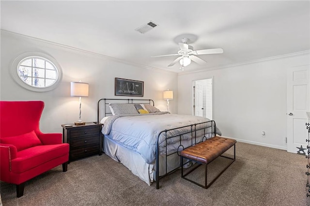 bedroom featuring carpet floors, baseboards, visible vents, and ornamental molding