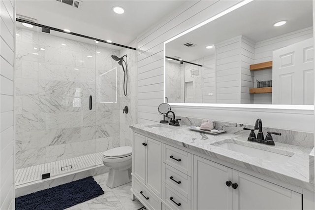 full bath featuring marble finish floor, a sink, and a marble finish shower