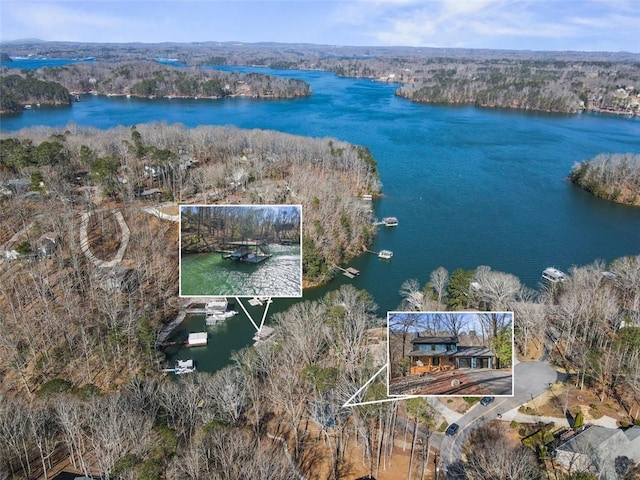 drone / aerial view featuring a water view and a wooded view