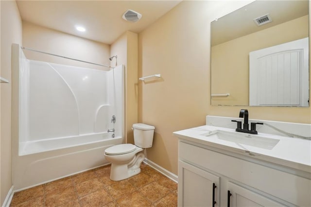 full bathroom with toilet, tub / shower combination, and vanity