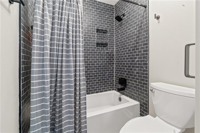 full bathroom with toilet and shower / bathtub combination with curtain