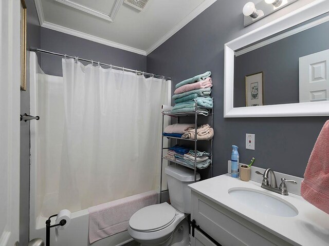 37 Montana Dr, Cedartown, GA 30125 - bathroom featuring toilet, ornamental molding, vanity, and shower / tub combo with curtain