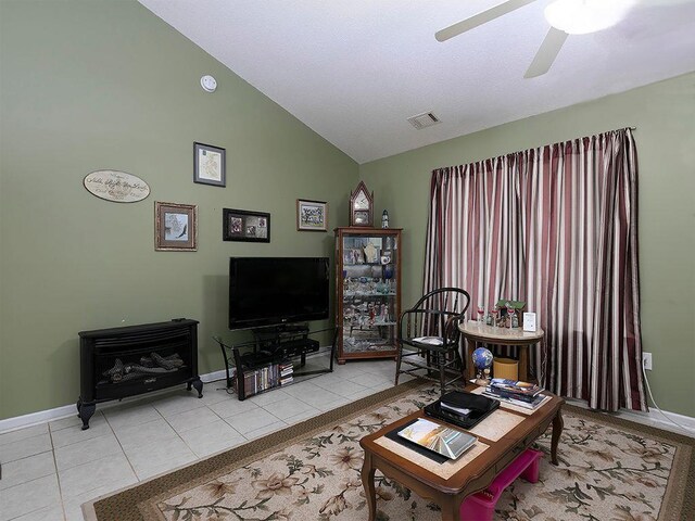 37 Montana Dr, Cedartown, GA 30125 - living room featuring ceiling fan, baseboards, tile patterned floors, and high vaulted ceiling
