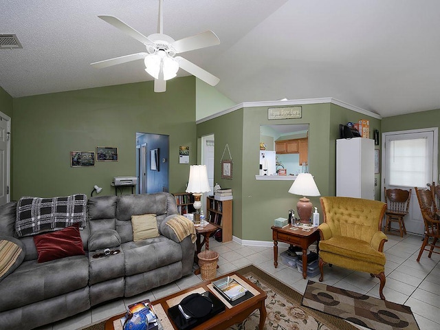 37 Montana Dr, Cedartown, GA 30125 - living room with tile patterned flooring, a ceiling fan, lofted ceiling, and baseboards