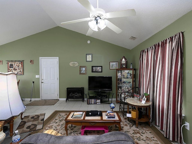 37 Montana Dr, Cedartown, GA 30125 - living room with baseboards, a ceiling fan, tile patterned floors, and high vaulted ceiling