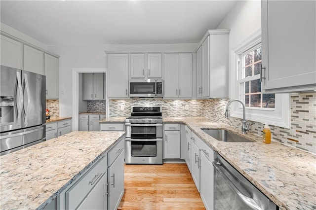 kitchen featuring gray cabinets, a sink, tasteful backsplash, stainless steel appliances, and light wood finished floors