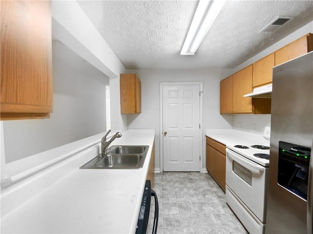 kitchen with black dishwasher, sink, white range with electric stovetop, stainless steel fridge with ice dispenser, and a textured ceiling