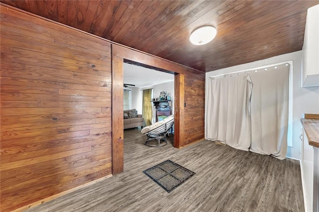 interior space with wood walls, wooden ceiling, and hardwood / wood-style floors