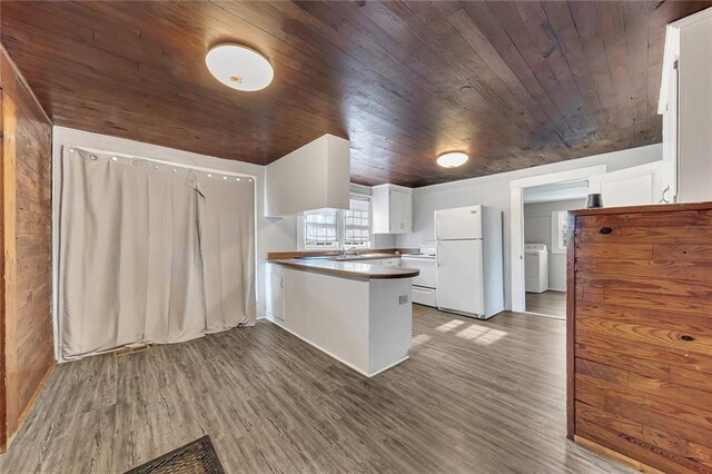 kitchen featuring wood ceiling, kitchen peninsula, white appliances, and hardwood / wood-style floors