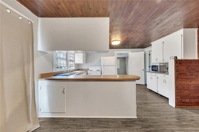 kitchen featuring dark hardwood / wood-style flooring, white refrigerator, and wood ceiling