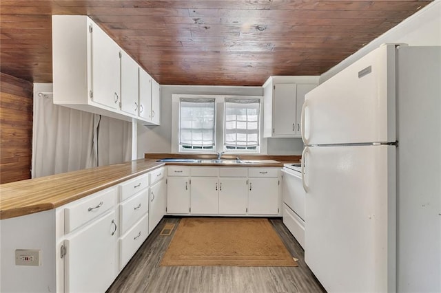 kitchen featuring white appliances, wood ceiling, sink, white cabinetry, and dark wood-type flooring