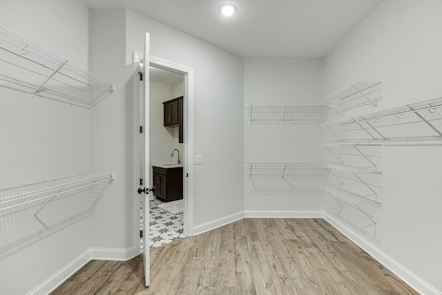 walk in closet with light hardwood / wood-style floors and sink