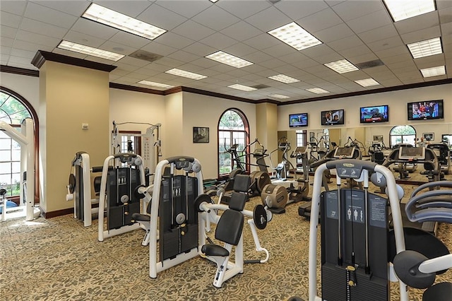 workout area featuring crown molding, carpet, and baseboards