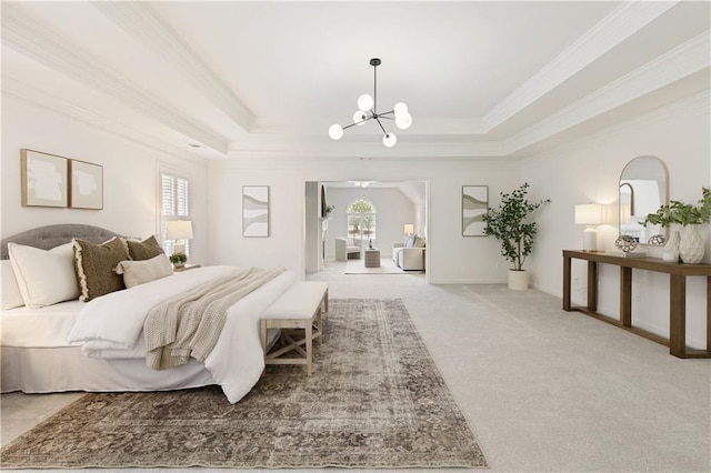 3795 Newport Bay Dr, Alpharetta, GA 30005 - bedroom with a raised ceiling, light carpet, a chandelier, and crown molding