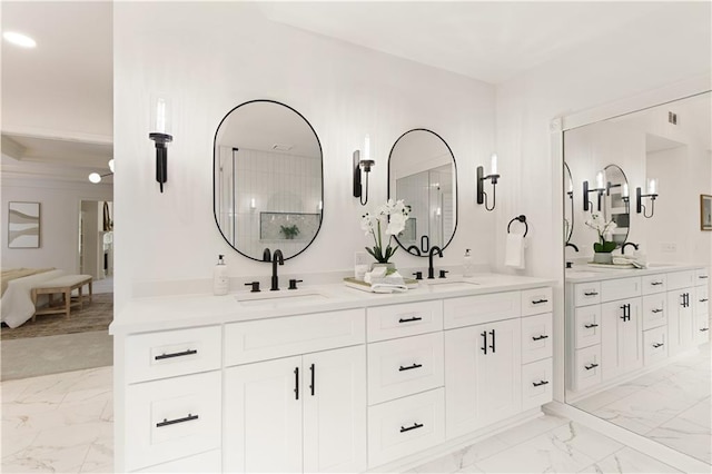 3795 Newport Bay Dr, Alpharetta, GA 30005 - full bath featuring marble look tiles, double vanity, and a shower