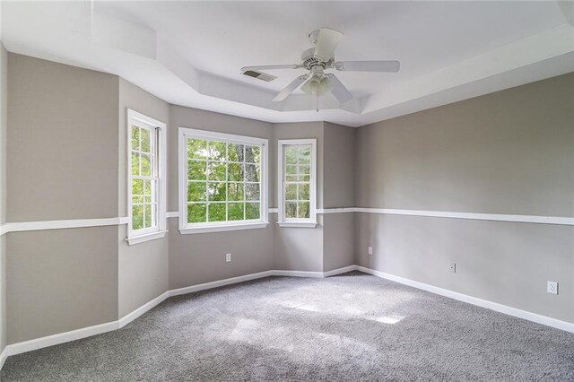 unfurnished room featuring ceiling fan, carpet, and a raised ceiling