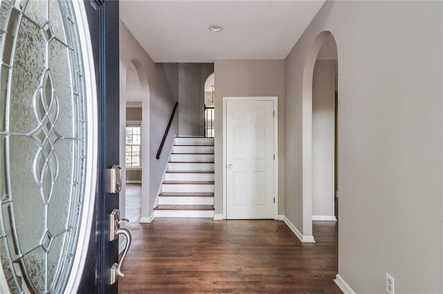 foyer entrance featuring dark hardwood / wood-style floors