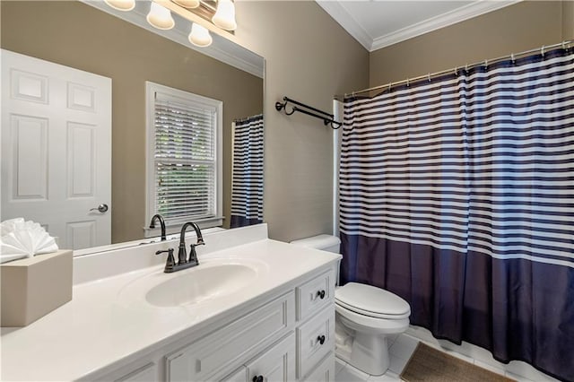 bathroom with toilet, tile patterned flooring, ornamental molding, vanity, and a shower with curtain