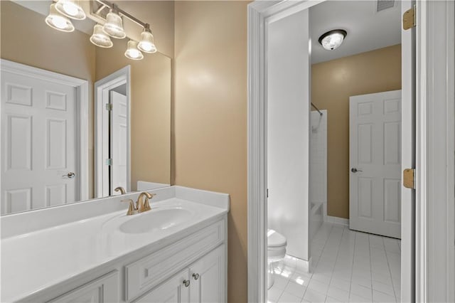 full bathroom with vanity, toilet, tile patterned floors, and  shower combination