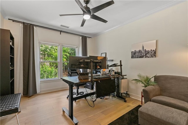 office area featuring ceiling fan, crown molding, and light hardwood / wood-style flooring