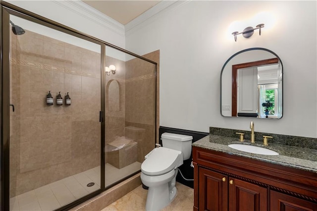 bathroom featuring vanity, an enclosed shower, crown molding, toilet, and tile patterned floors