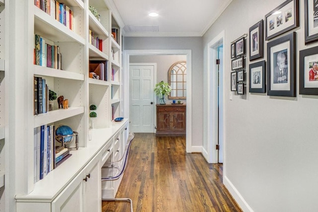 1343 Peachtree Battle Ave NW, Atlanta, GA 30327 - hall with ornamental molding, dark wood-style flooring, and baseboards