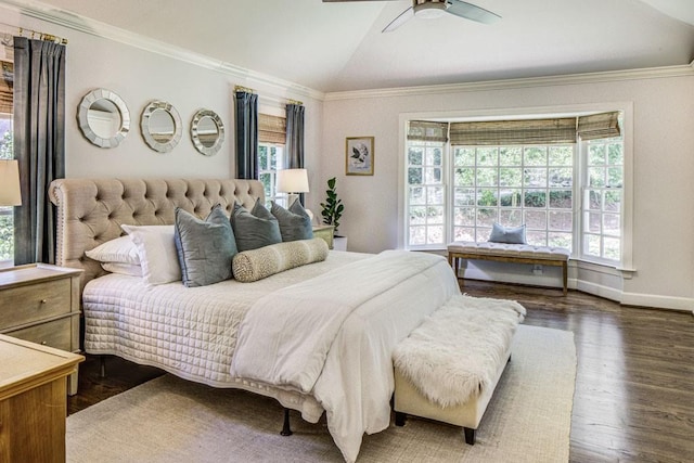 1343 Peachtree Battle Ave NW, Atlanta, GA 30327 - bedroom featuring vaulted ceiling, wood finished floors, crown molding, baseboards, and ceiling fan