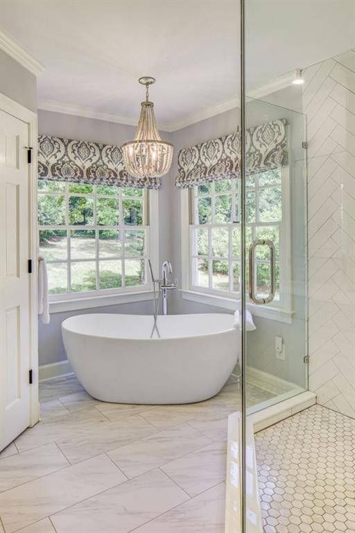 1343 Peachtree Battle Ave NW, Atlanta, GA 30327 - full bath with ornamental molding, a soaking tub, a chandelier, and a stall shower