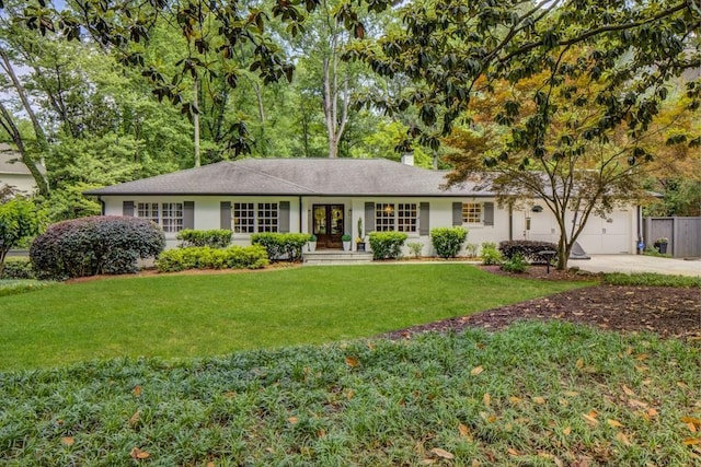 1343 Peachtree Battle Ave NW, Atlanta, GA 30327 - ranch-style house featuring french doors, driveway, a front yard, an attached garage, and stucco siding