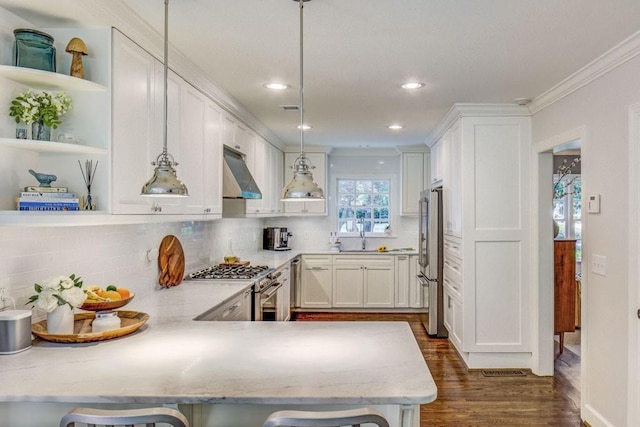 1343 Peachtree Battle Ave NW, Atlanta, GA 30327 - kitchen featuring open shelves, premium appliances, under cabinet range hood, a peninsula, and dark wood-style flooring