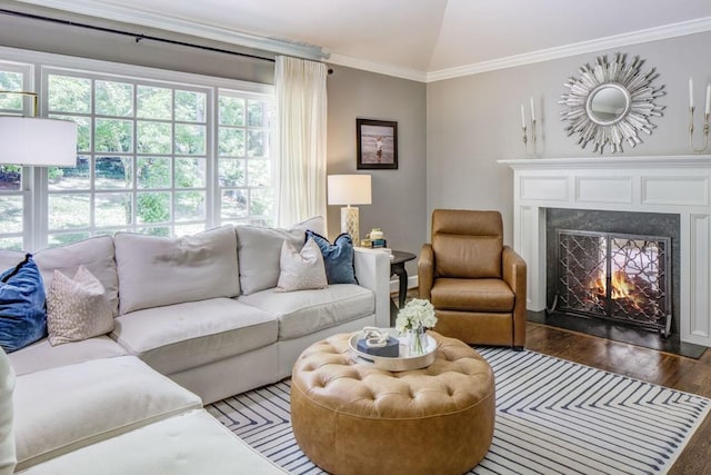 1343 Peachtree Battle Ave NW, Atlanta, GA 30327 - living area with vaulted ceiling, wood finished floors, a high end fireplace, and crown molding