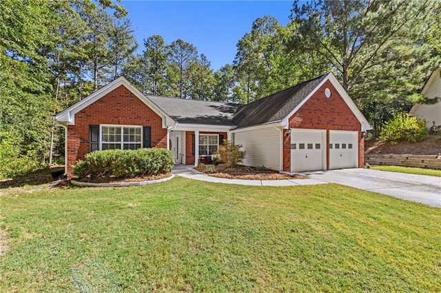 single story home with a garage and a front yard