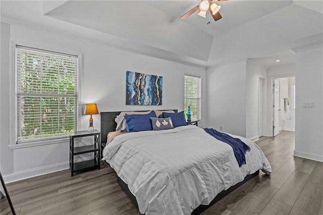 bedroom featuring vaulted ceiling, dark wood-type flooring, ceiling fan, and a tray ceiling