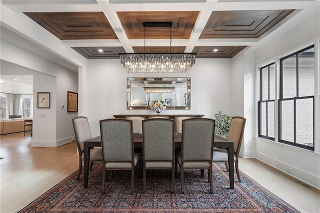 120 Nezhat Pl, Atlanta, GA 30350 - dining area featuring a chandelier, wood finished floors, baseboards, coffered ceiling, and beam ceiling