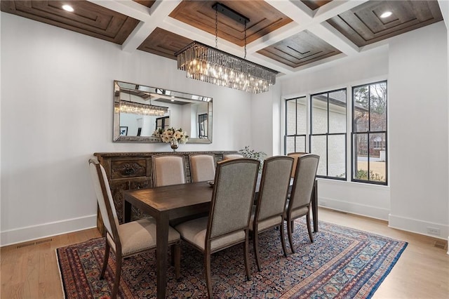 120 Nezhat Pl, Atlanta, GA 30350 - dining area with baseboards, coffered ceiling, a chandelier, wood finished floors, and recessed lighting