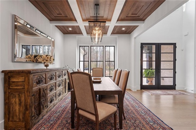 120 Nezhat Pl, Atlanta, GA 30350 - dining area featuring french doors, wood finished floors, baseboards, beam ceiling, and a chandelier