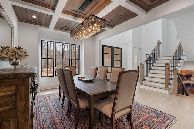 120 Nezhat Pl, Atlanta, GA 30350 - dining area featuring coffered ceiling, a chandelier, wood finished floors, stairs, and beam ceiling