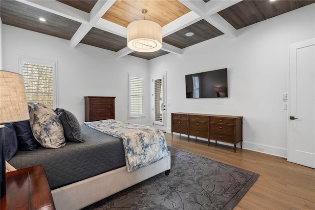 120 Nezhat Pl, Atlanta, GA 30350 - bedroom with coffered ceiling, wood finished floors, baseboards, recessed lighting, and wood ceiling with exposed beams